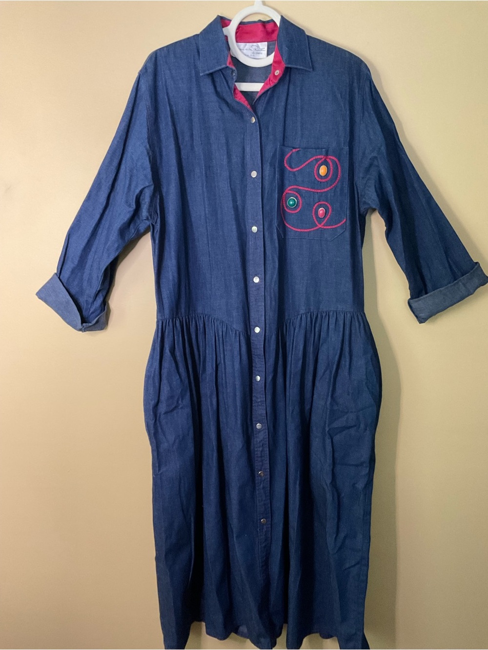Oscar de la Renta Vintage 80’s Denim Button-Front Dress with Pink Trim